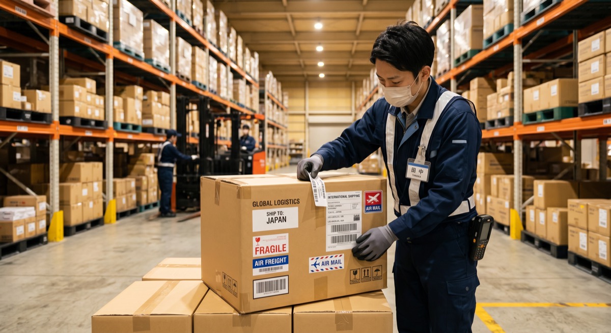 海外へ商品を発送する様子
